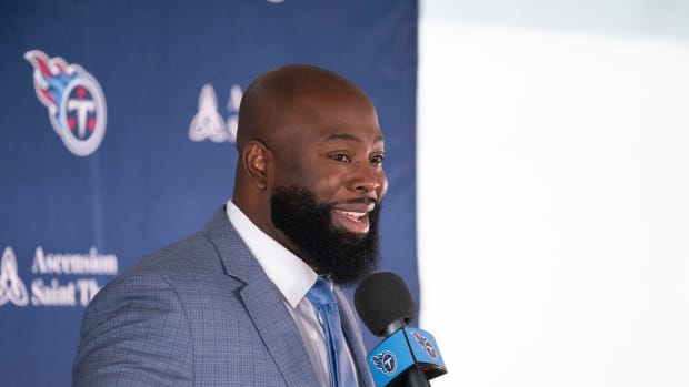 Tennessee Titans new general manager Ran Carthon responds to questions during his introductory press conference at Ascension Saint Thomas Sports Park Friday, Jan. 20, 2023, in Nashville, Tenn.